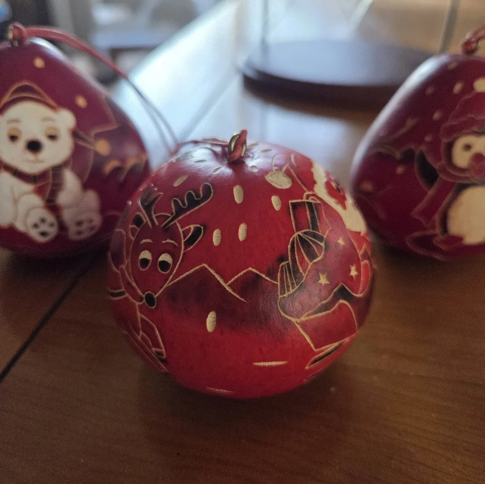 Hand Carved Dried Gourd Ornanent Trio (Polar Bear, Santa & Penguin)